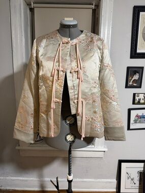 Silk-Blend Embroidered Tie-Front Jacket in Pale Gold